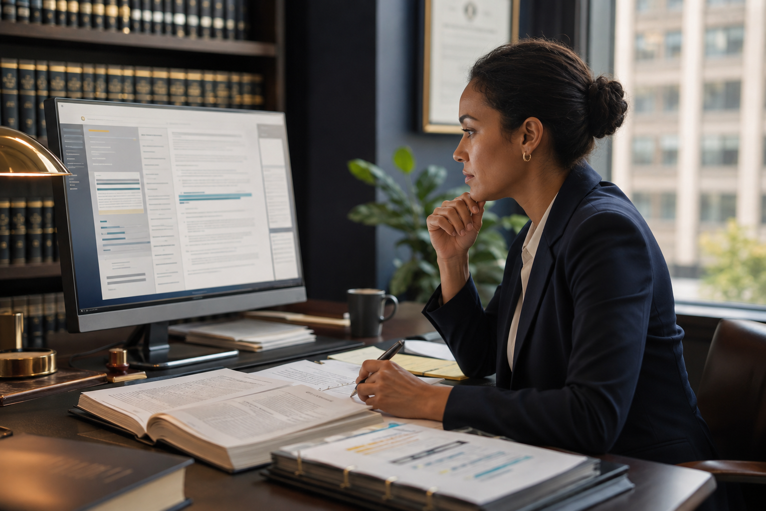 A solo attorney reviewing a source-grounded AI legal research workflow at a desk in a modern law office.