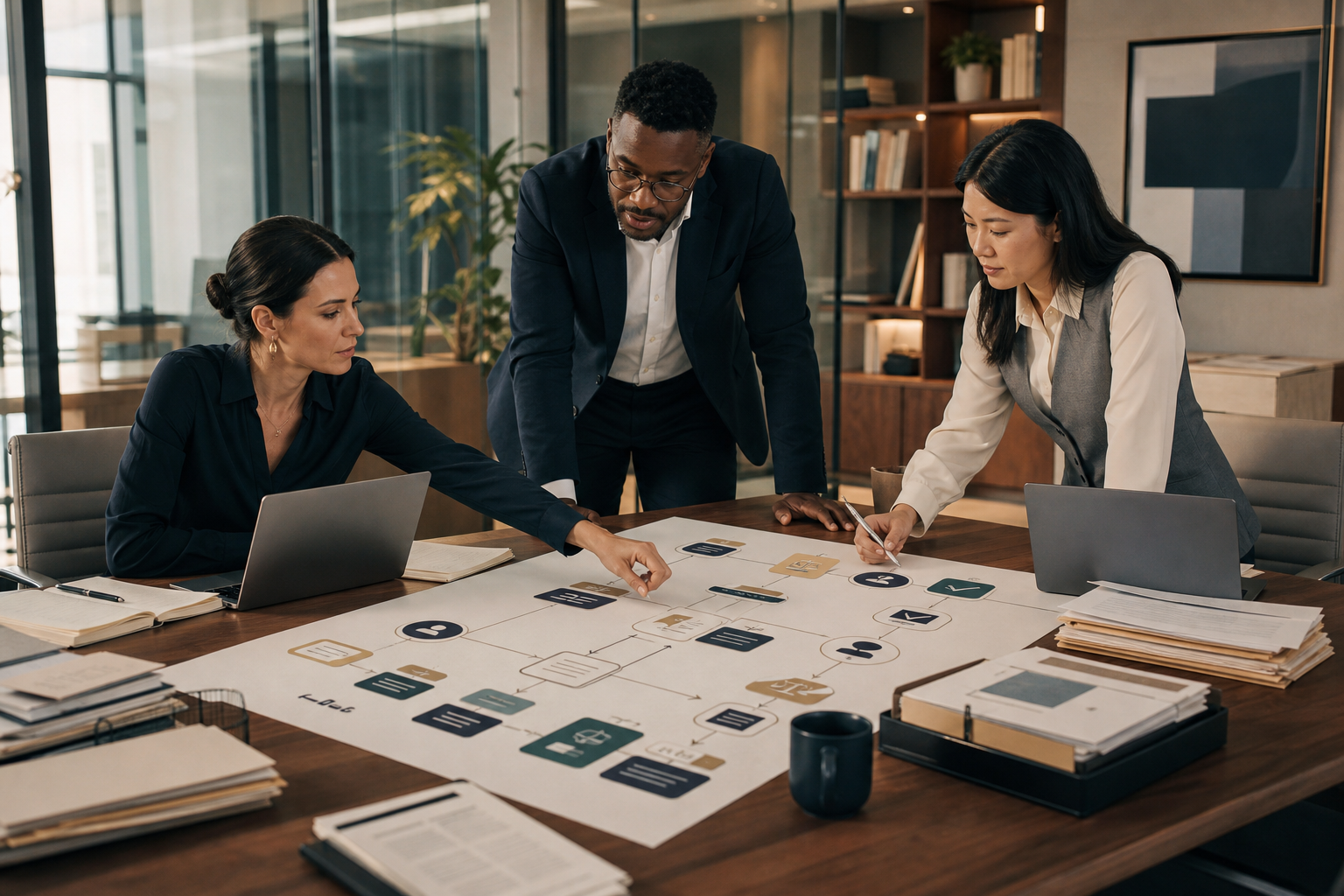 Three legal professionals designing an AI-native workflow from intake through client delivery around a table in a modern law office.