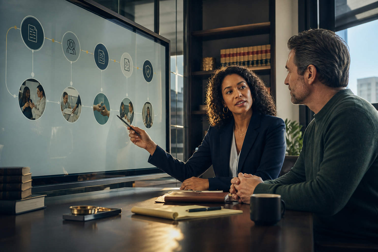 Three legal professionals designing a connected AI-native workflow from intake through client delivery.