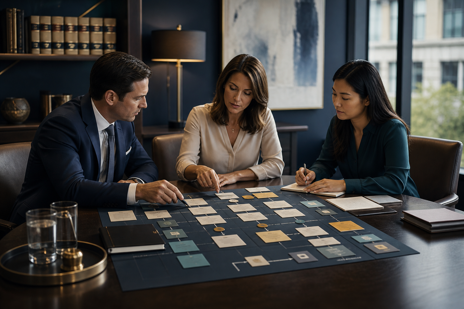 A small law-firm team reviewing a bounded workflow pilot with checklists, permissions, and human handoff points.