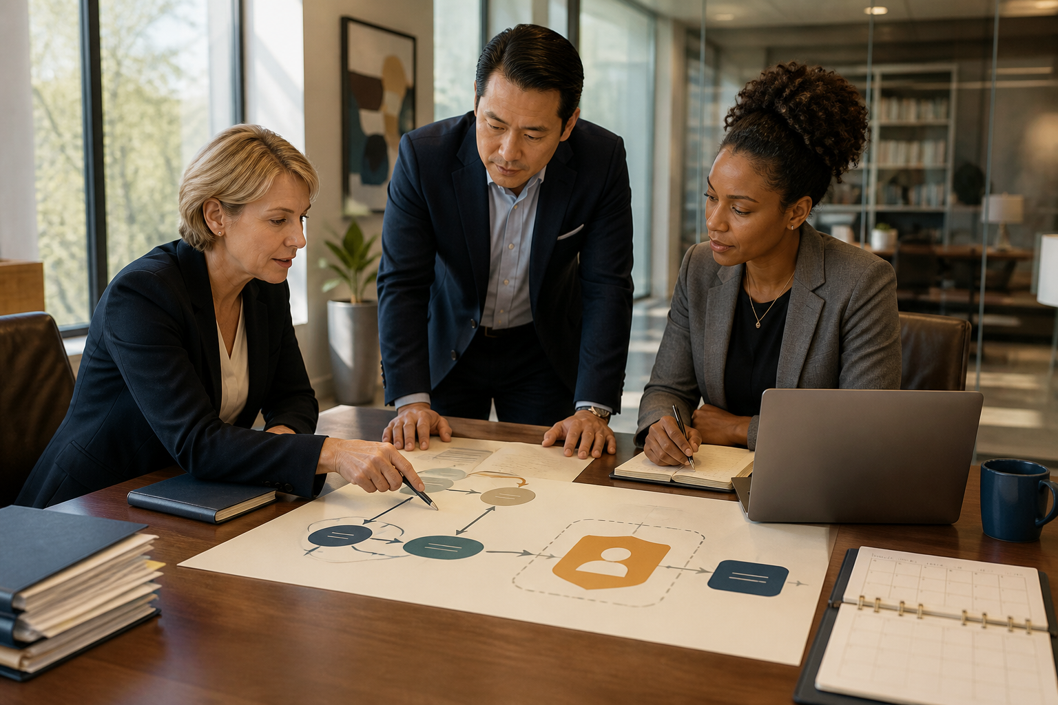 Three law firm leaders reviewing an AI readiness plan with a visible human review checkpoint in a modern office.