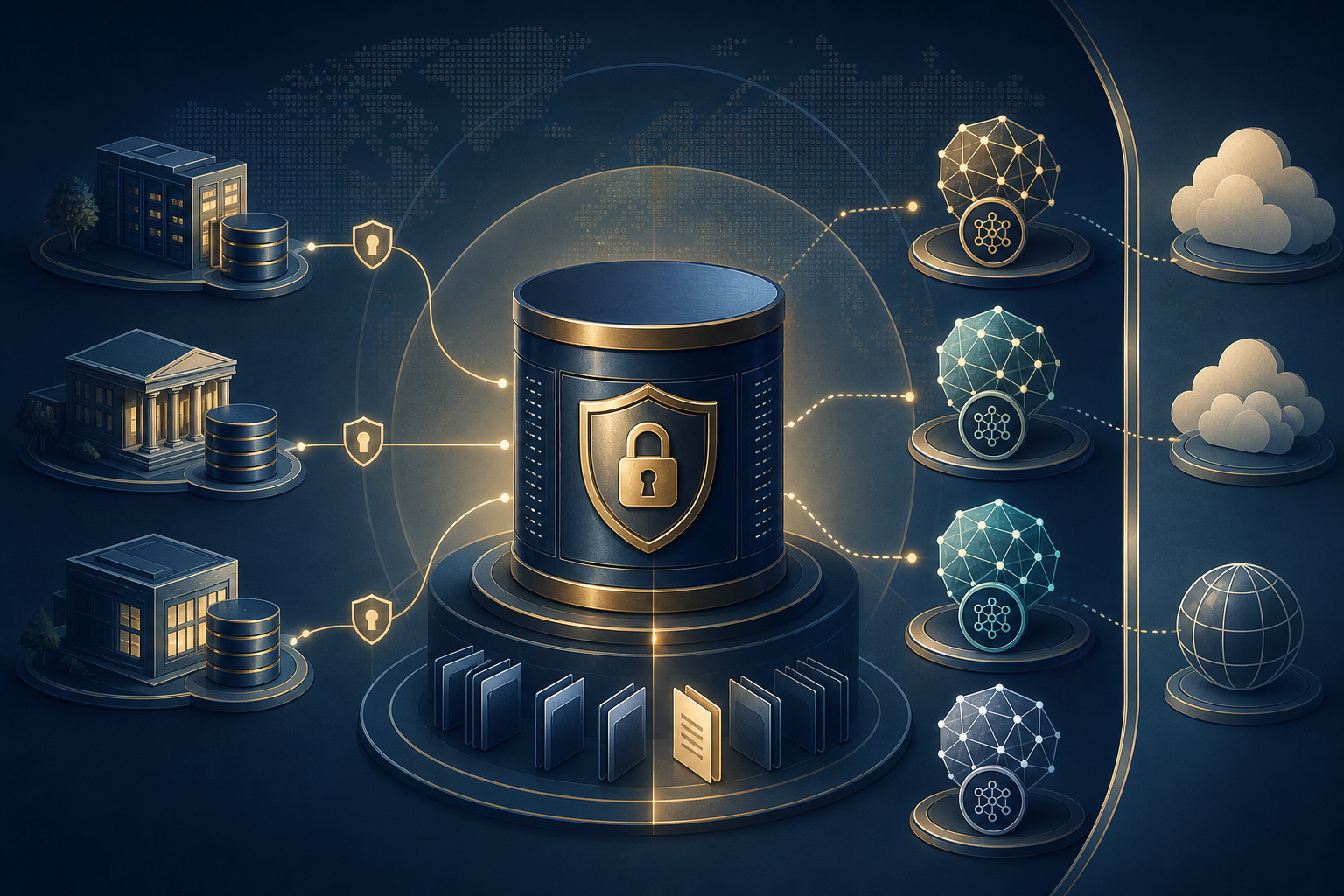 Secure legal data vault connected to independent AI models and regional data systems.