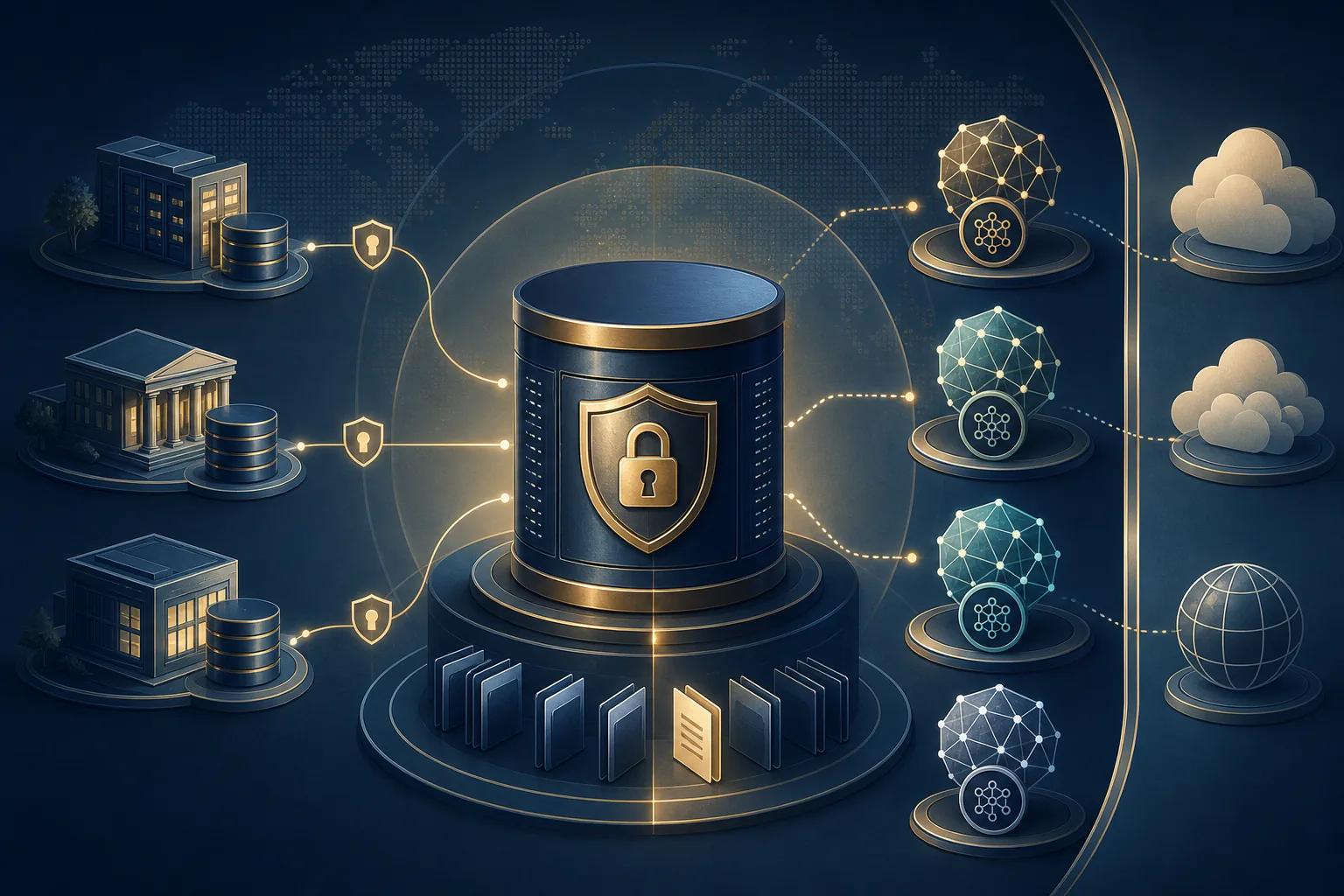 Secure legal data vault connected to independent AI models and regional data systems.