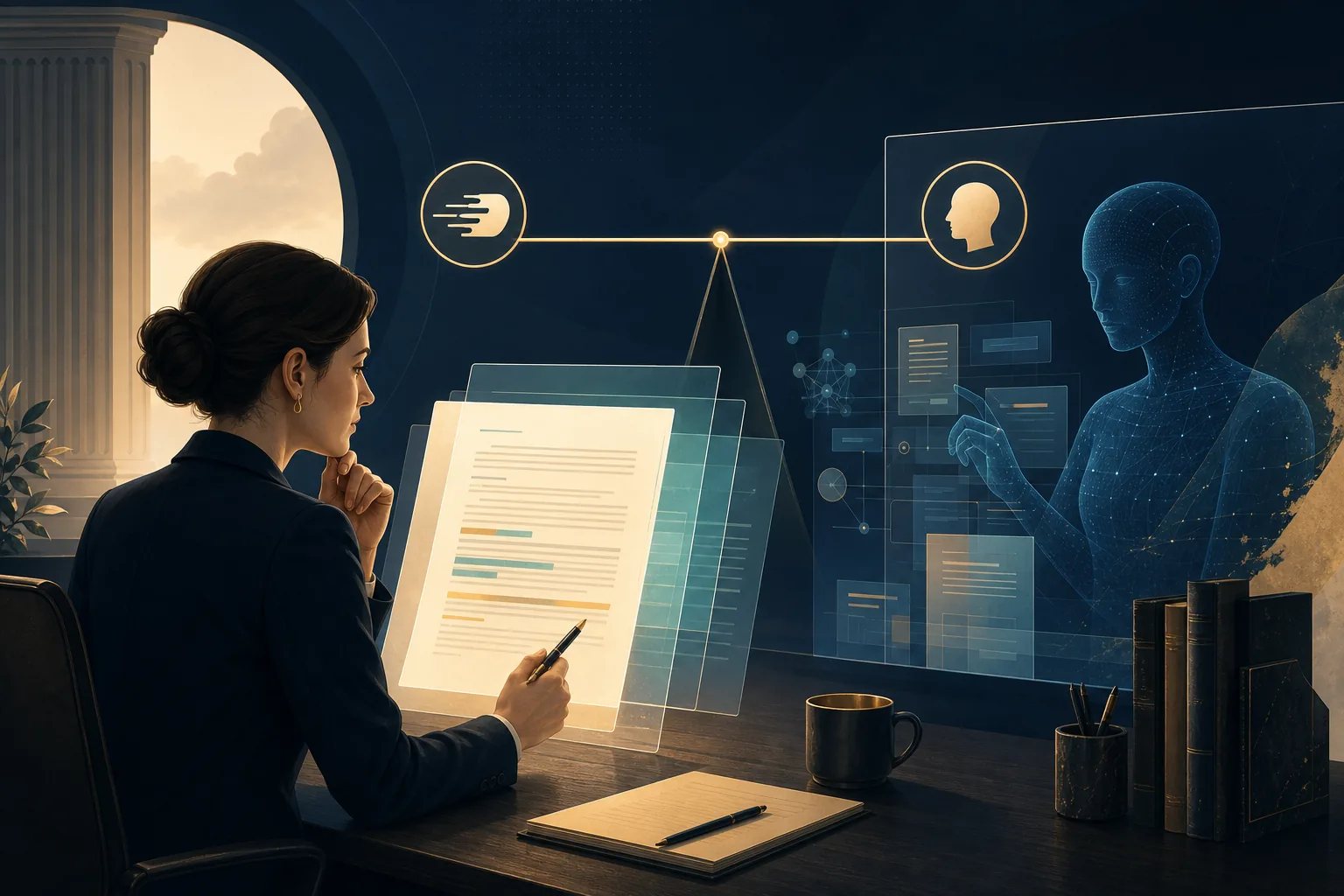 Human legal reviewer balancing AI-assisted document work with professional judgment.