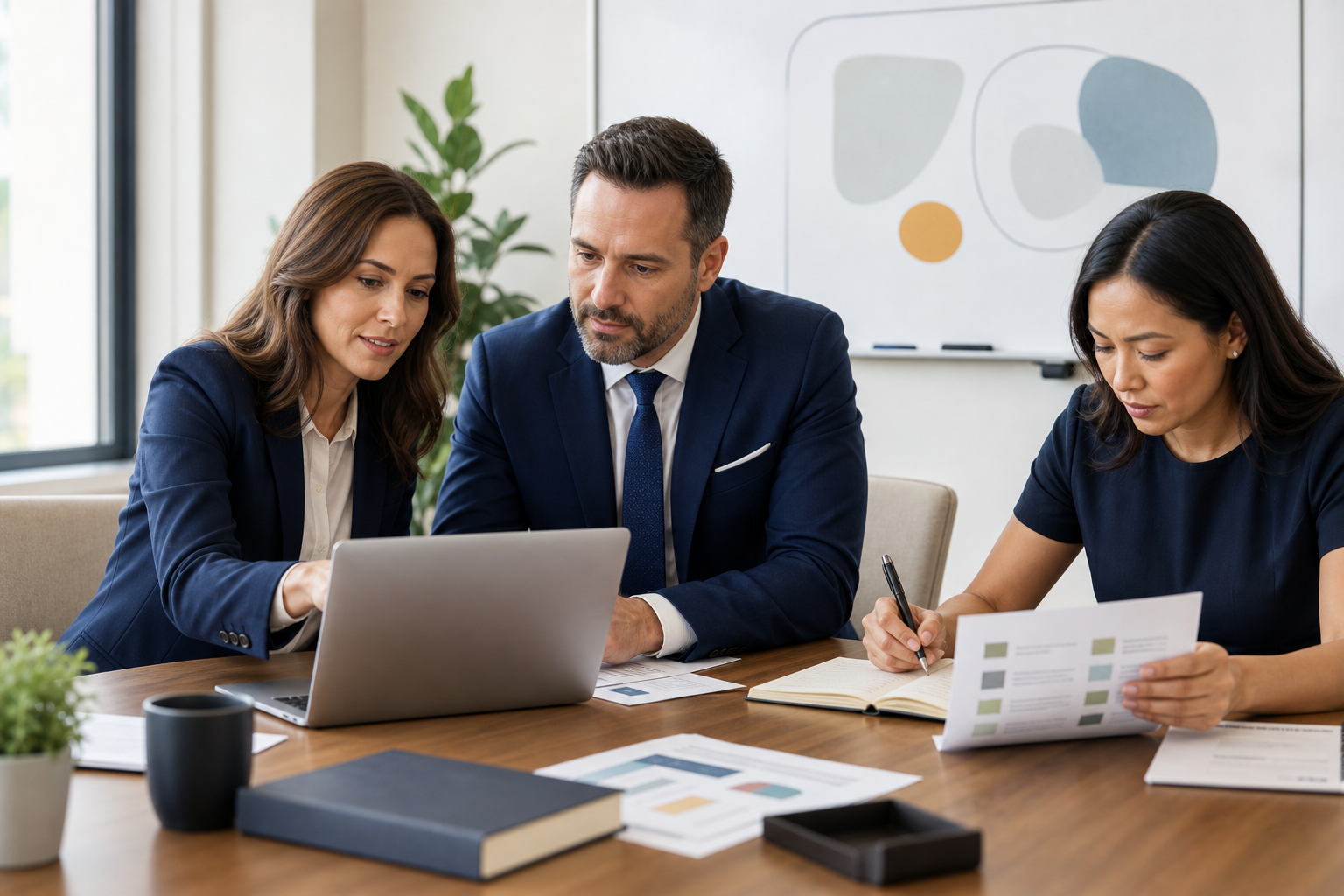 Three law firm leaders reviewing an AI readiness plan with a visible human review checkpoint.