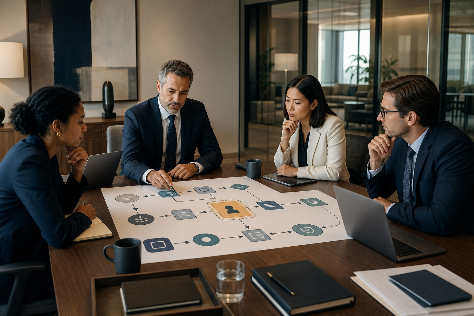 Four legal professionals reviewing an agentic AI workflow map with a highlighted human approval checkpoint in a modern law office.