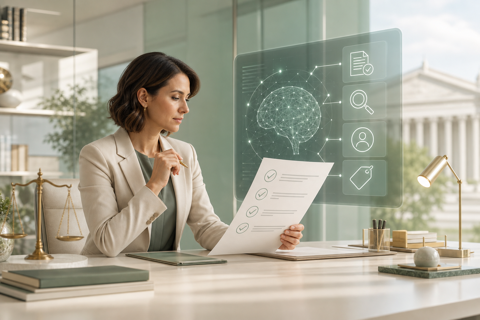 Law firm operations lead reviewing an AI transparency checklist beside a glass compliance interface.