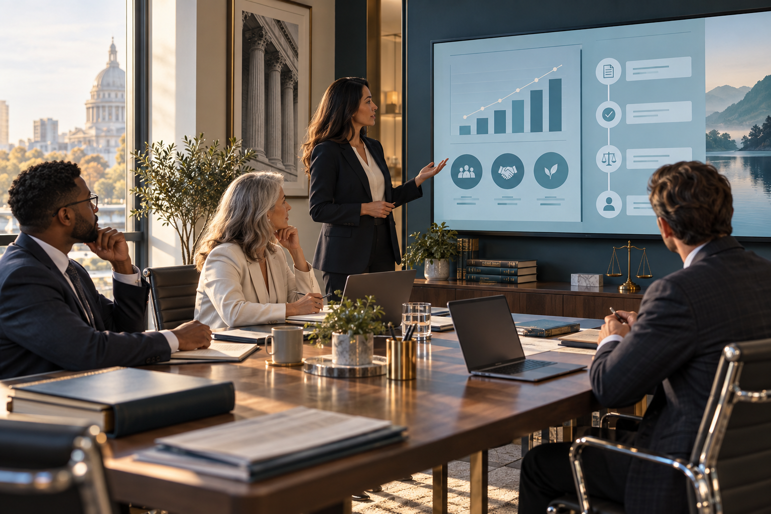 A small law firm team reviewing an AI workflow designed around client service outcomes in a modern office.