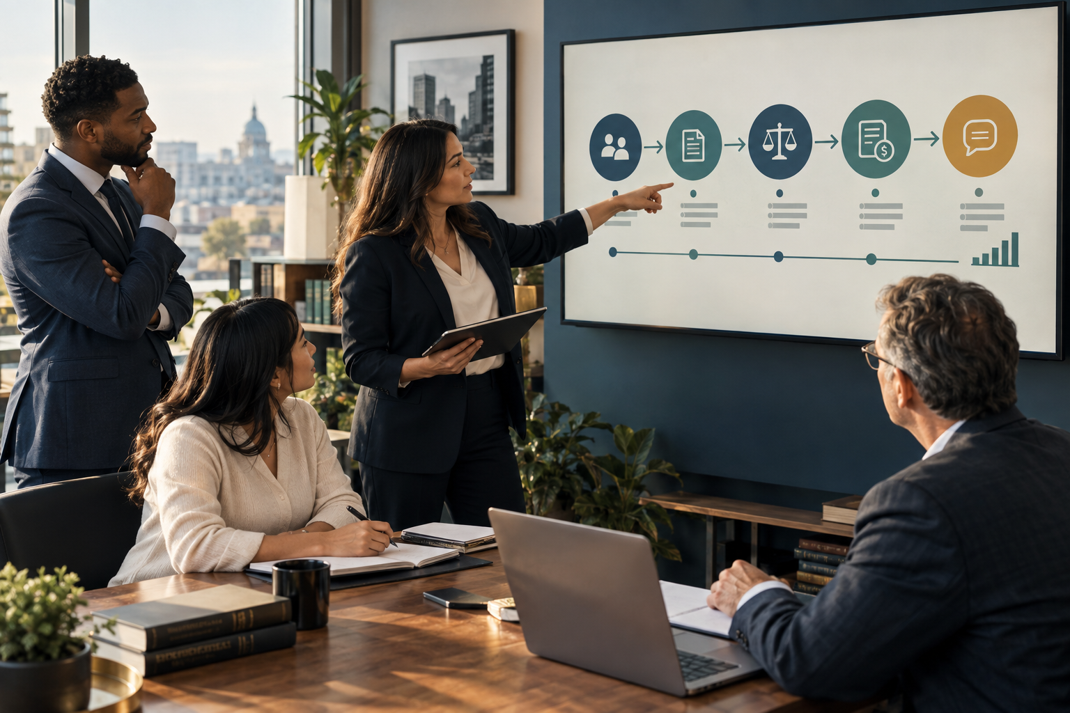 A small law-firm operations team reviewing a connected client-service workflow in a modern office.