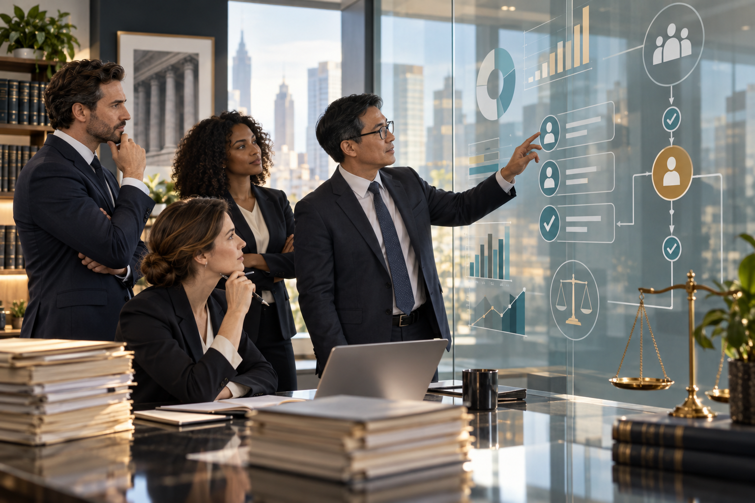 A legal team reviewing service metrics and human approval checkpoints after an AI pilot.