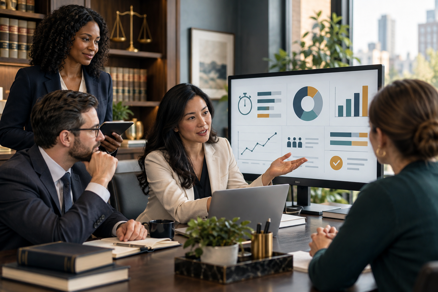 A law-firm team reviewing service metrics and human approval checkpoints after an AI workflow pilot.