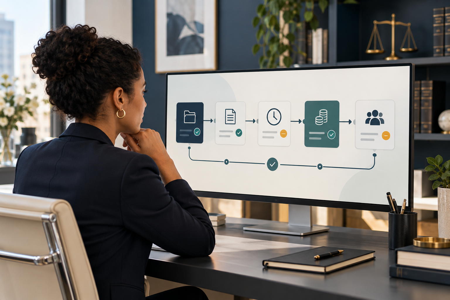 A small law-firm operations team reviewing a connected client-service workflow.
