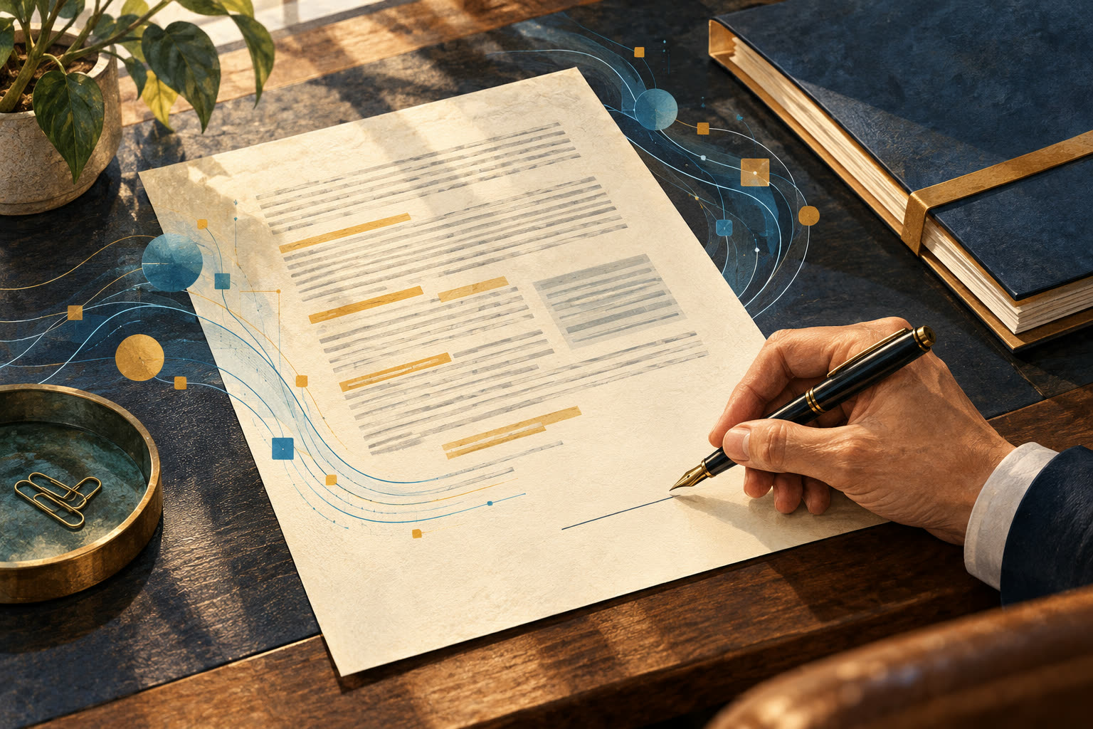 Editorial illustration of a lawyer reviewing a document, with AI data lines stopping before the approval signature.