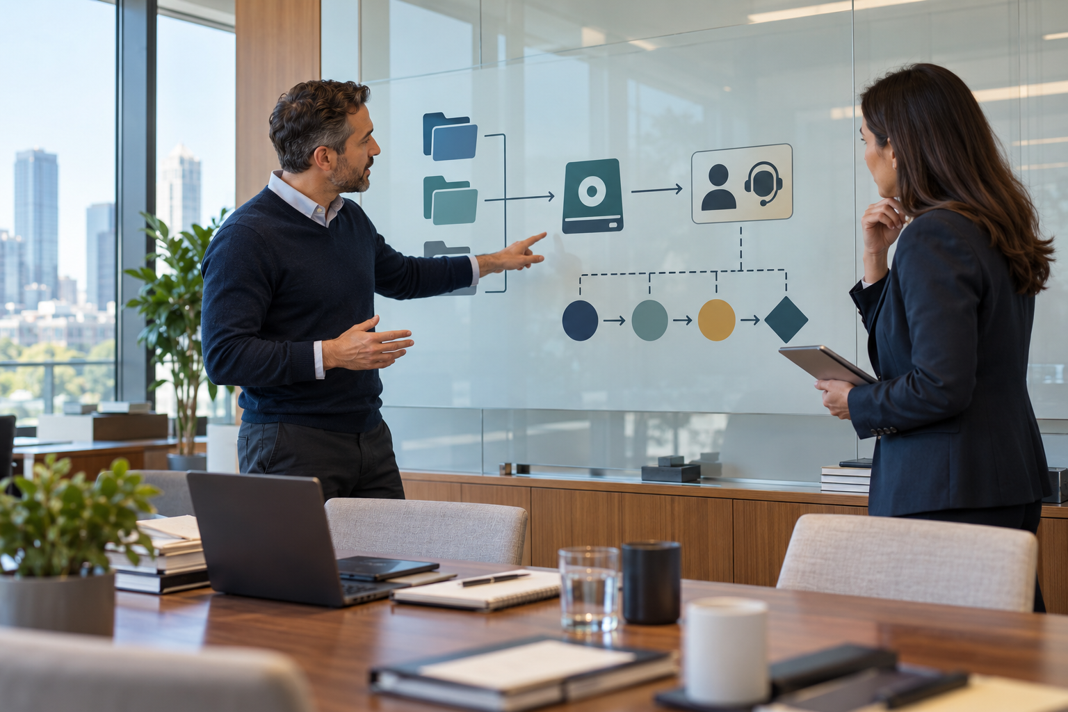 A law firm operations team mapping document exports, support handoffs, and workflow checkpoints.