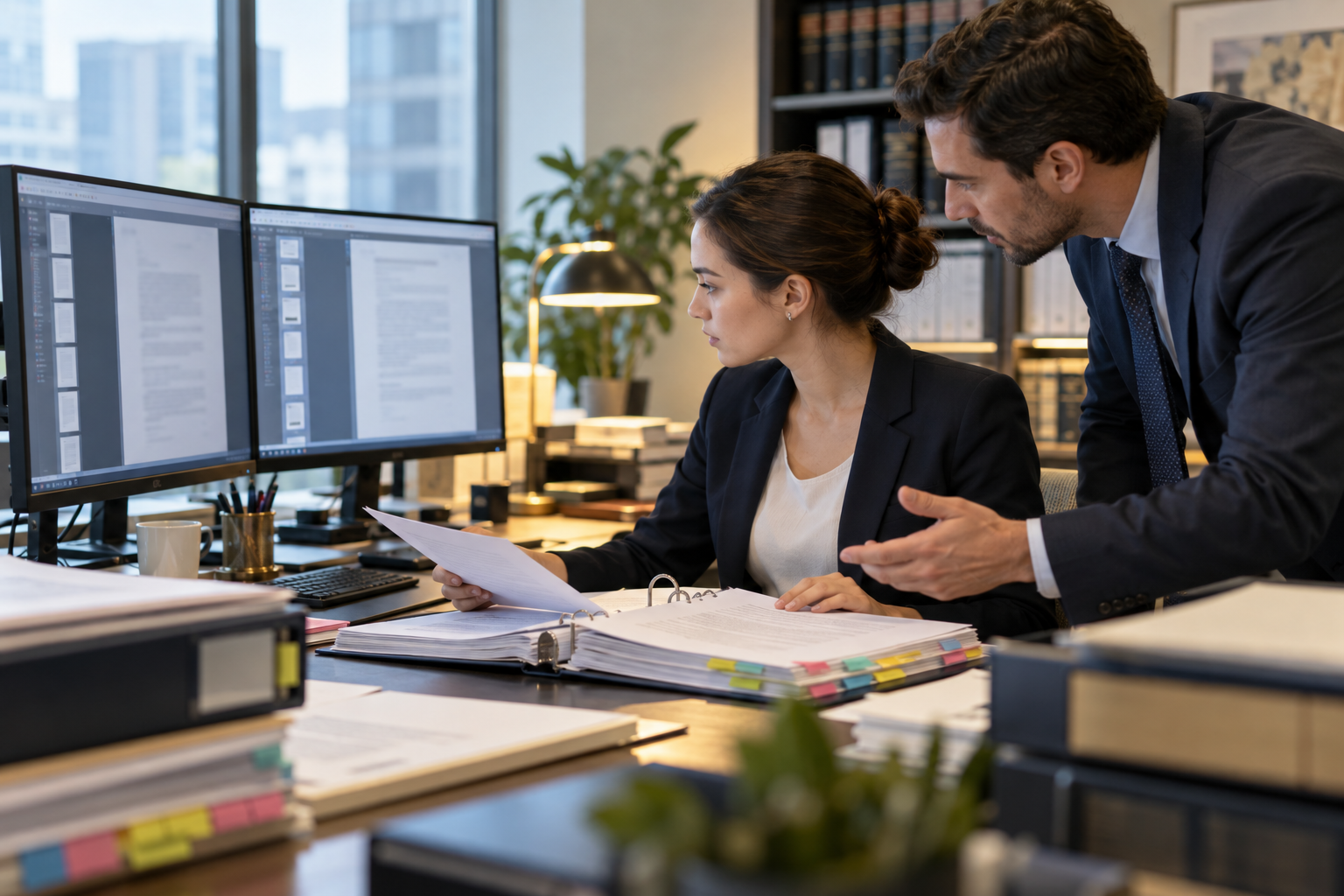 A litigation support team comparing indexed documents and a physical hearing binder.