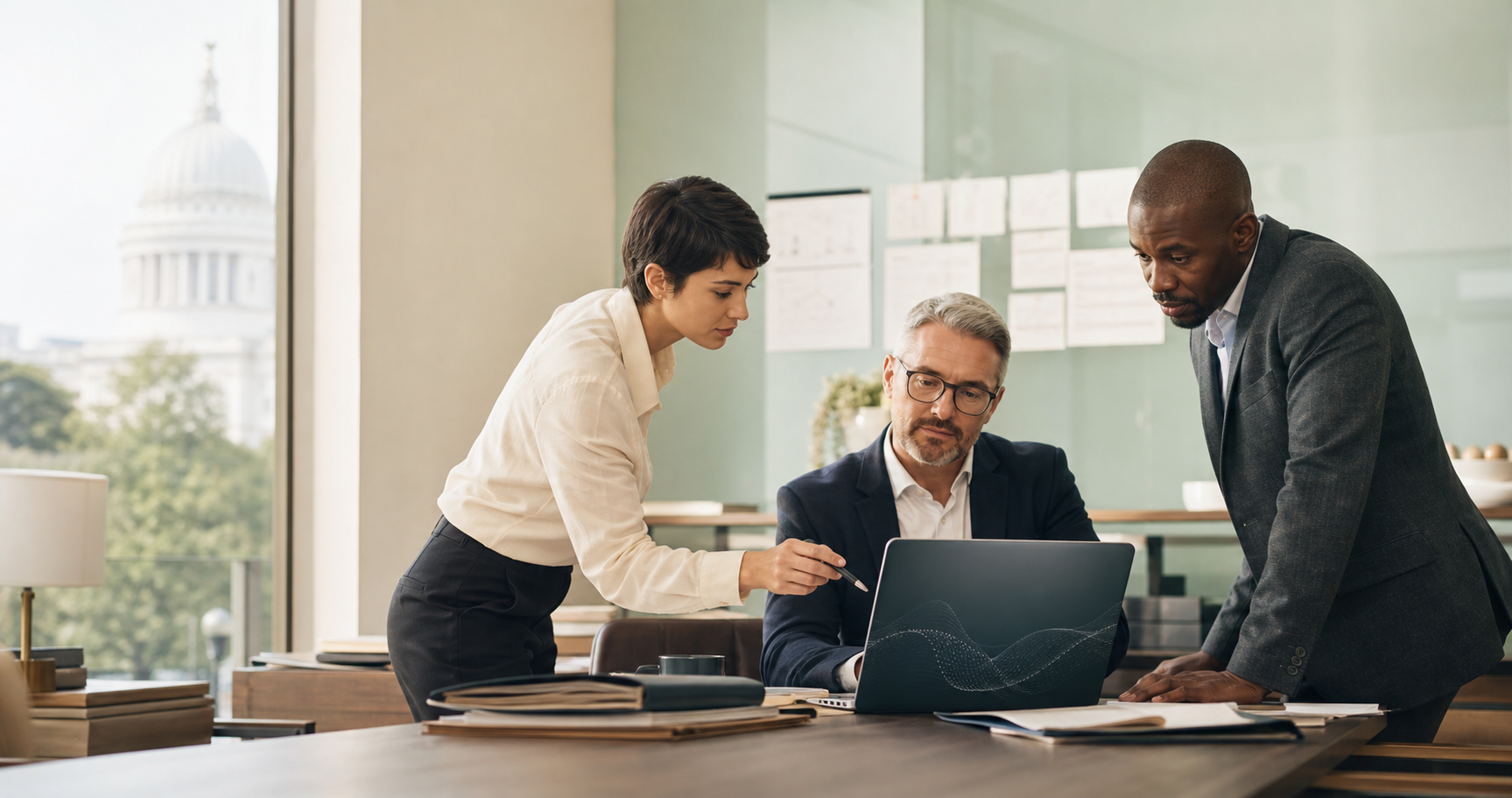 Three law-firm professionals reviewing an AI-assisted legal workflow around a laptop in a bright modern office.