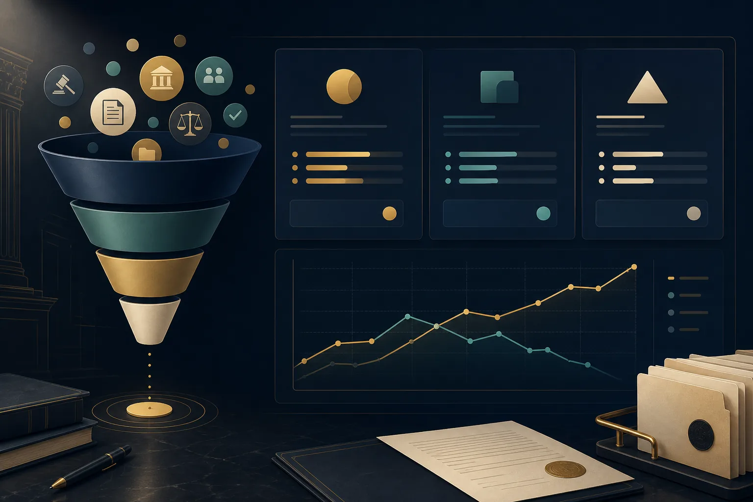 Abstract legal-technology buying signal dashboard with vendor comparison cards, a funnel, and trend lines.
